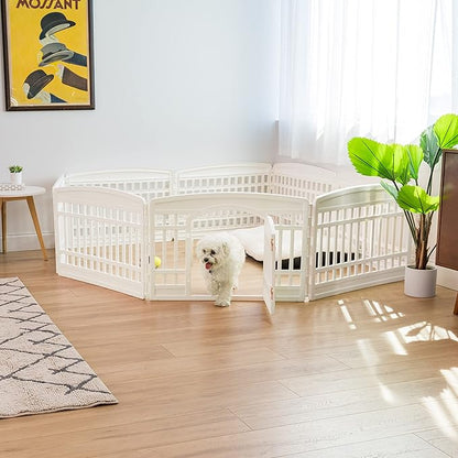 IRIS USA Dog Playpen with Door, 24” 8 Panel Pet Exercise Pen – Indoor Outdoor Puppy Play Pen, Portable Plastic Pet Fence for Small Medium Dogs, Foldable 83.5” x 83.5” x 24”, White