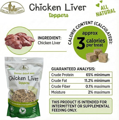 Fieldcrest Farms Freeze-Dried Chicken Liver Dog Food Topper or Treat, 100% Single Ingredient Chicken Liver, High-Protein, Raw & Grain-Free, 12 oz