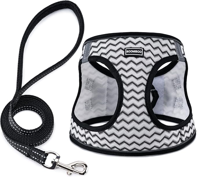 BOOMIBOO Dog Harness with Leash Set, No Pull Adjustable Reflective Step-in Puppy Pet Vest Harnesses for Small Medium Large Dogs and Cats,White Stripe S