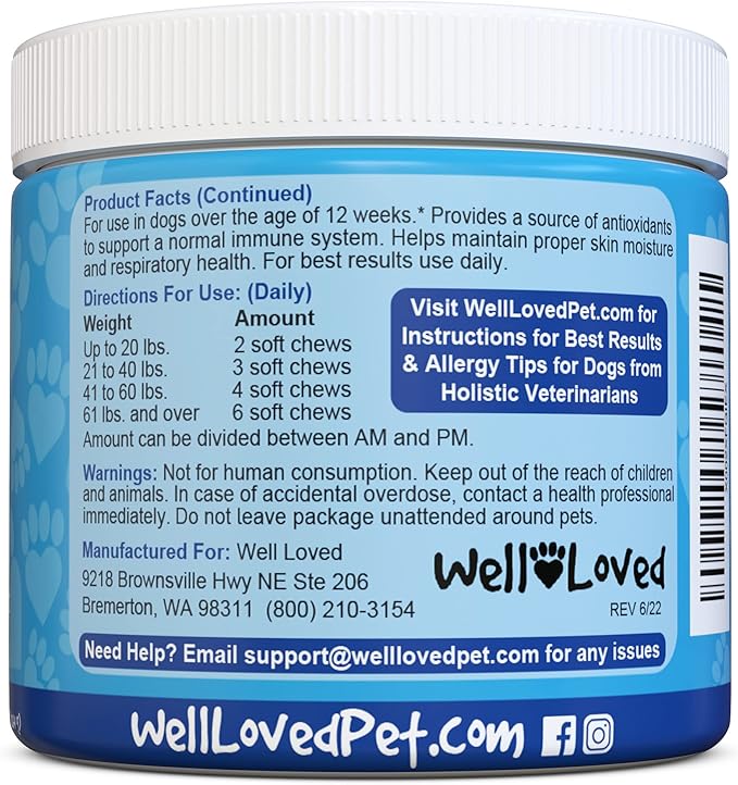 Well Loved Dog Allergy Chews - Dog Allergy Relief, Itching Skin Relief, Hot Spot Treatment & Seasonal Allergies, Vet Developed, Anti Itch Skin Irritation Treatment, Made in USA, 120 Chews