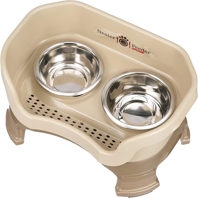 Neater Feeder Deluxe Mess-Proof Elevated Dog Bowls for Small Dogs (Up to 19 lbs), 2 Height Adjustable (6” & 7.5”) No-Spill Raised Dog Bowl Stand, Stainless Steel Food Bowl Set, Made in USA, Cappuccino