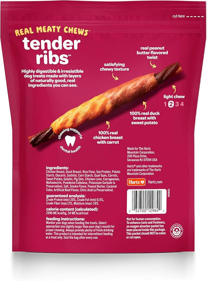Hartz Oinkies Tender Ribs with Real Chicken, Duck & Veggies, Peanut Butter Flavored Rawhide-Free Dog Treats, Highly Digestible Dog Chews, 22 Count