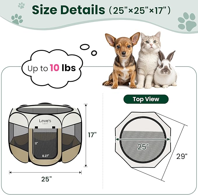 Love's cabin Pet Puppy Dog Playpen, Small Dog Tent Crates Cage Indoor/Outdoor, Portable Playpen for Cat, Foldable Pop Up Dog Kennel Playpen with Carring Case, Removable Zipper Top, Khaki