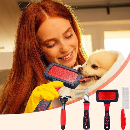 4 Pieces Pet Grooming Kit - Dematting Combs, Slicker Brush, and Steel Comb for Removing Knots and Hair from Dogs, Cats, and Poodles