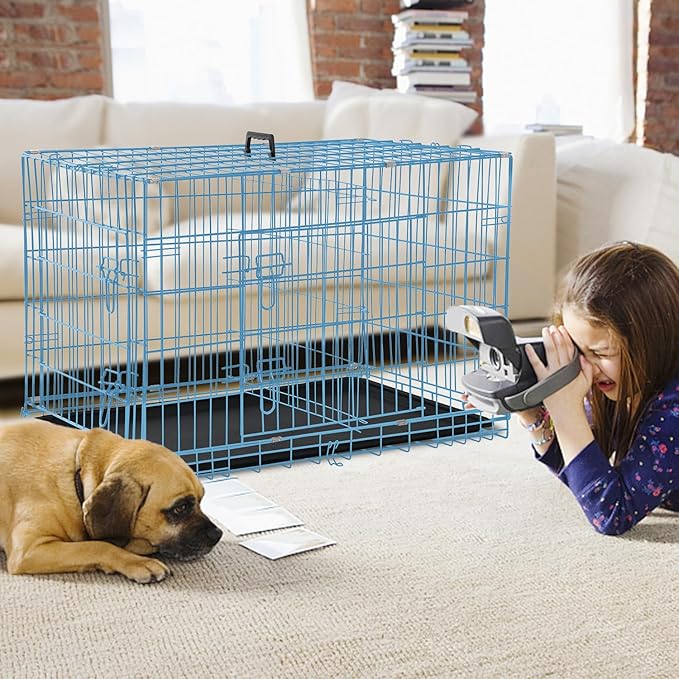Folding Dog Crate 36" Metal Portable Outdoor Double Door Wire Large Cat Pet Dog Cage Kennel with ABS Tray LC & Divider, Blue