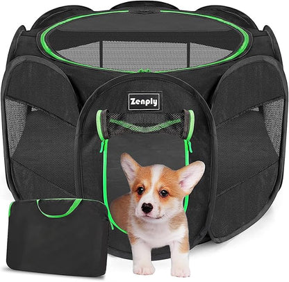Portable Pet Dog Playpen, Pet Playpen Foldable Extra Heavy Duty Pop Up No Assembly Kennel Tent Crate Indoor Outdoor with Shade Ventilation Mesh for Small Dog, Kitten, Cat, Rabbit (Black)