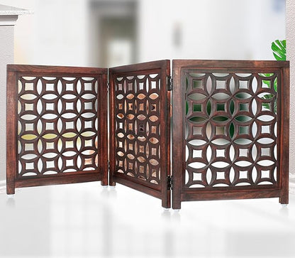 Wooden Foldable Pet Dog Safety Gate -3 Panels 20"Wx24"H- Hand Carved Solid Wood And MDF - Free Standing Portable Indoor Doorway Hall Stairs Dog Puppy Fence - Fully Assembled - Antique Brown -IRONGATE