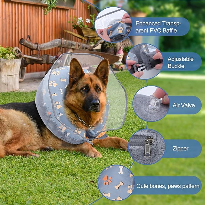 Inflatable Dog Cone Collar, Adjustable Size Soft PVC 2-in-1 Dog Donut Collar After Surgery with Detachable, Inflatable Collar for Small Medium Large Dogs and Cats (Grey, XL)