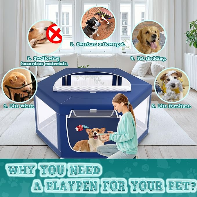 XVISHX 45x45 Inches Hexagonal Type Puppy Playpen, Dog Playpen for Puppies or Small Dogs, Dog Fence Pet Playpen for Indoor & Outdoor, Sturdy Safety Dog Pen with Thickened Fabric, Breathable Mesh