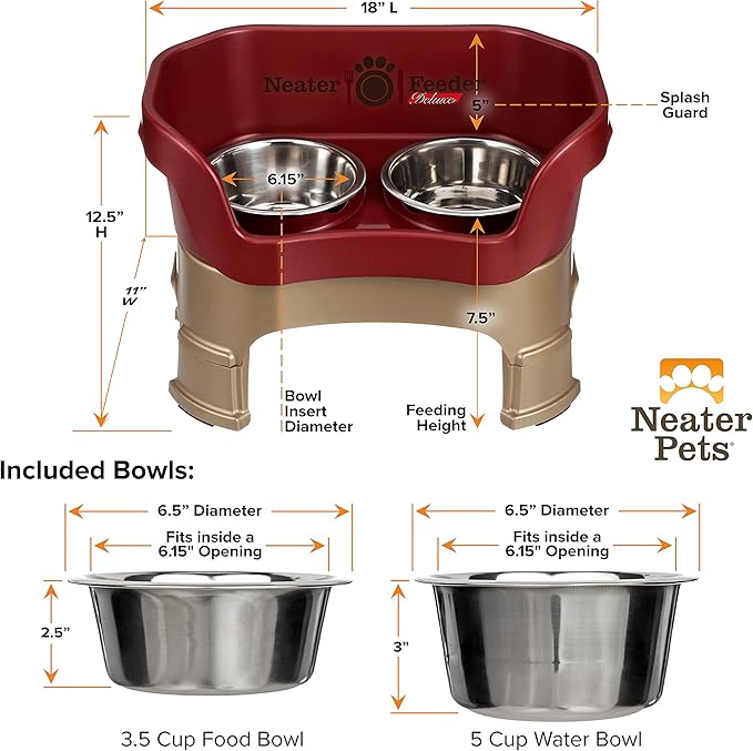 Neater Feeder Deluxe Mess-Proof Elevated Dog Bowls for Medium Dogs (19–40 lbs), 2 Height Adjustable (10” & 12.5”) No-Spill Raised Dog Bowl Stand, Stainless Steel Food Bowl Set, Made in USA, Cranberry