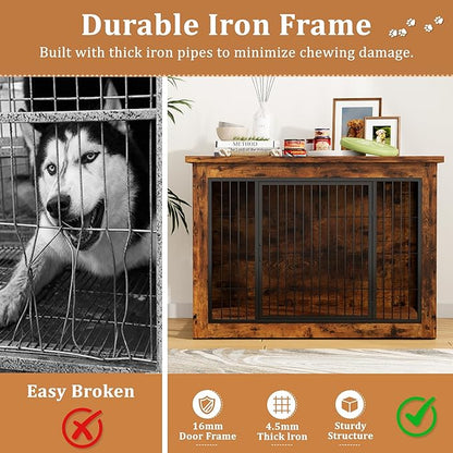 Greesum Modern Dog Crate Furniture That Doubles as a Side Table - Sturdy Wooden Kennel with Double Door Design, Equipped with Soft Cushion & Chew-Resistant Resign, Suitable for Dogs