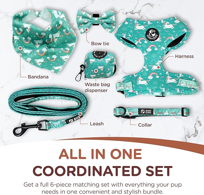 No Pull Harness and Leash Set - 6-in-1 Adjustable Vest Harness and Collars for Medium and Large Dogs. (Tile Unicorn, Extra Small)
