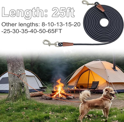Tie Out Rope Dog Leash, Long Tether 8-10-13-15-20-25-30-35-40-50-65FT Nylon Check Cord for Medium Large Dogs Outdoor Playing Camping Backyard (Black, 3/8" x 25ft)