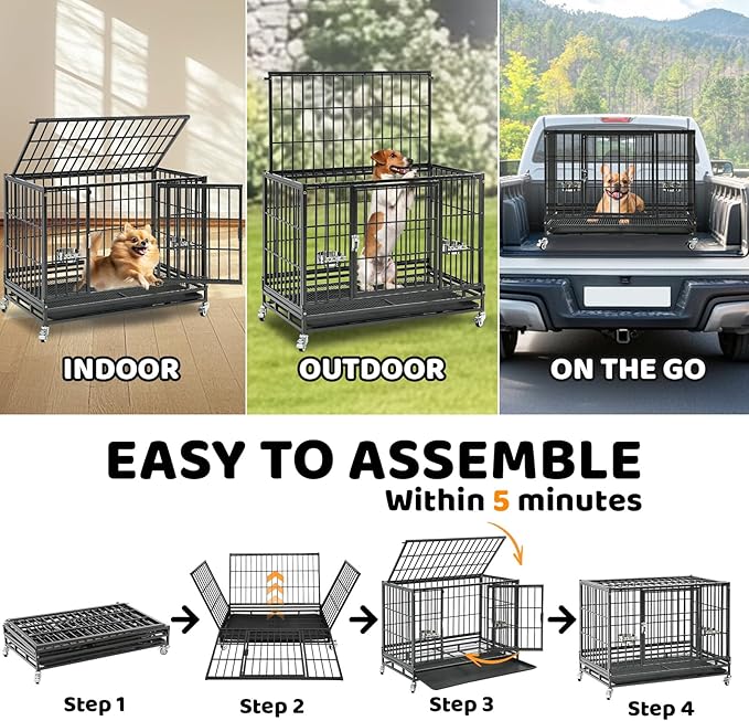 Homey Pet 37 Inch Heavy Duty Dog Crate Indestructible, Collapsible Dog Cage with Lockable Wheels, Removable Tray, High Anxiety Dog Kennel Indoor, Two Tiers Stackable Dog Crates for Medium Dogs