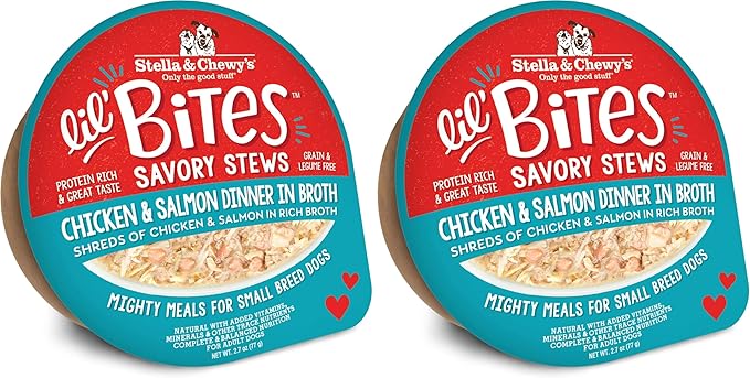 Stella & Chewy's Lil Bites Savory Stews for Small Breeds Chicken & Salmon Dinner in Broth,2.7 oz. Cups,(Pack of 24)