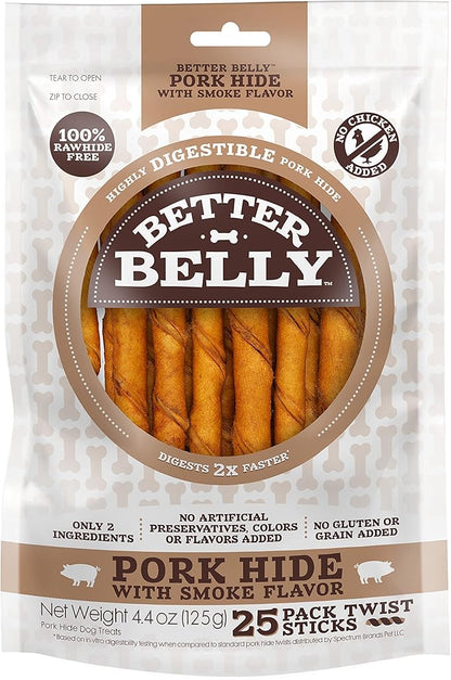 Better Belly Highly Digestible Rawhide Twist Sticks Chews, Treat Your Dog to a Chew with NO Artificial Colors or Flavors 25 Count (Pack of 24)