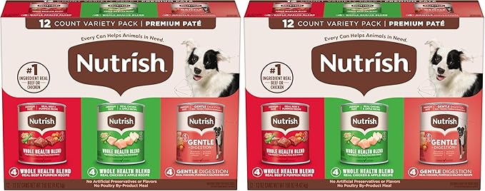 Nutrish Gentle Digestion and Whole Health Blend Premium Paté Variety Pack Wet Dog Food,13 oz. Can,Packaging May Vary (Rachael Ray),(Pack of 24)