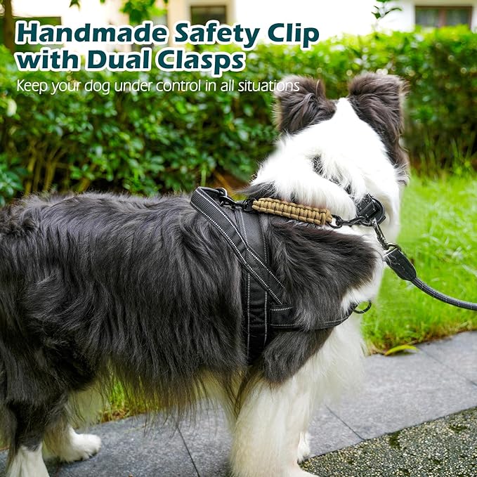 PetBonus Dog Collar Safety Clip, Handmade Backup Safety Strap for Dog Harness, Prong, Pinch Collar, Double Ended Clasp Leash Connector (Tan)