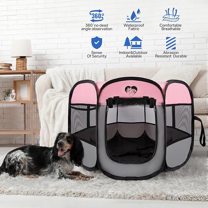 Dog Cat Playpen,Portable Foldable Tent- Pet Outdoor Exercise Crate Cage for Medium Dogs,Travel Camping Use for Small Animals with Carrying Case,Indoor Kennel for Sleeping(Pink,M)