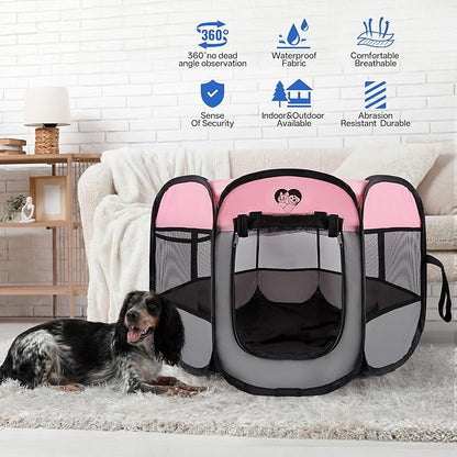 Dog Cat Playpen,Portable Foldable Tent- Pet Outdoor Exercise Crate Cage for Medium Dogs,Travel Camping Use for Small Animals with Carrying Case,Indoor Kennel for Sleeping(Pink,M)
