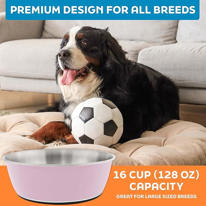 Master Pet Supply Stainless Steel Dog Bowls Set of 2 (128 Oz Each) with Non-Slip Rubber Base - Rose Quartz - Basic Dog Food Bowl Water & Food Bowls for Small Medium Large Dogs & Cats, Metal Dish