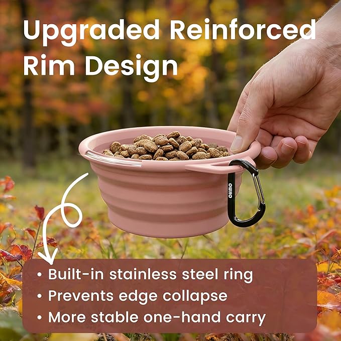 OHMO Collapsible Dog Water Bowls w/Built-in Stainless Steel Ring – 2pcs Small 12oz/400ml Portable Silicone Pet Feeding Bowl for Hiking, Camping, Travel