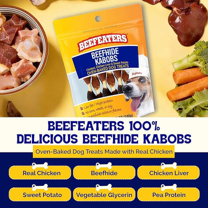 Beefeaters Triple Flavor Beefhide Kabobs 12oz, Dog Treats with Real Chicken, Liver & Sweet Potato – Long-Lasting Dog Kabob Treats for Chewing, Dental Support*, Flavor-Packed Treats - Training Rewards