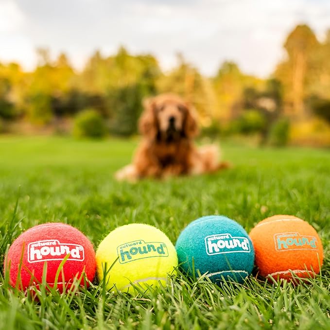 Outward Hound Squeaker Ballz – Squeaky Tennis Balls for Dogs 50 lbs and Over, Interactive Dog Toy for Fetch & Training, Large (3"), 4-Pack