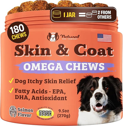 Natural Dog Company Skin & Coat Supplement Chew for Dogs – Omega 3 Salmon Oil, Biotin & Vitamin E Support Shiny Coat, Healthy Skin & Normal Shedding, Promotes Comfort from Occasional Itch, 180 Count