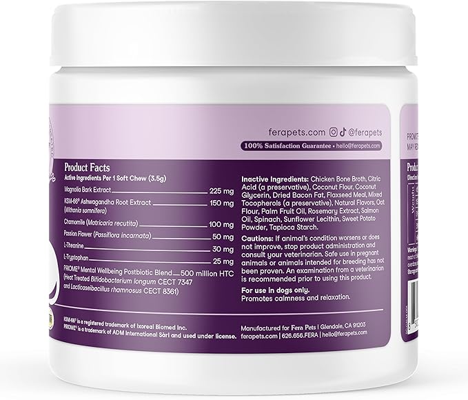 Fera Pets Dog Calming Chews - Helps Manage Everyday Stress & Separation - Promotes Relaxation - Ashwagandha & Priome® Mental Wellbeing Postbiotic Blend - 30 Soft Chews