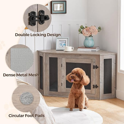 MAHANCRIS Corner Dog Crate Furniture, Wooden Dog Kennel End Table, Decorative Pet Crate Indoor Use, Furniture Style Dog House for Small Medium Dog, Dog Cage TV Stand, Greige and Black DCHG0801