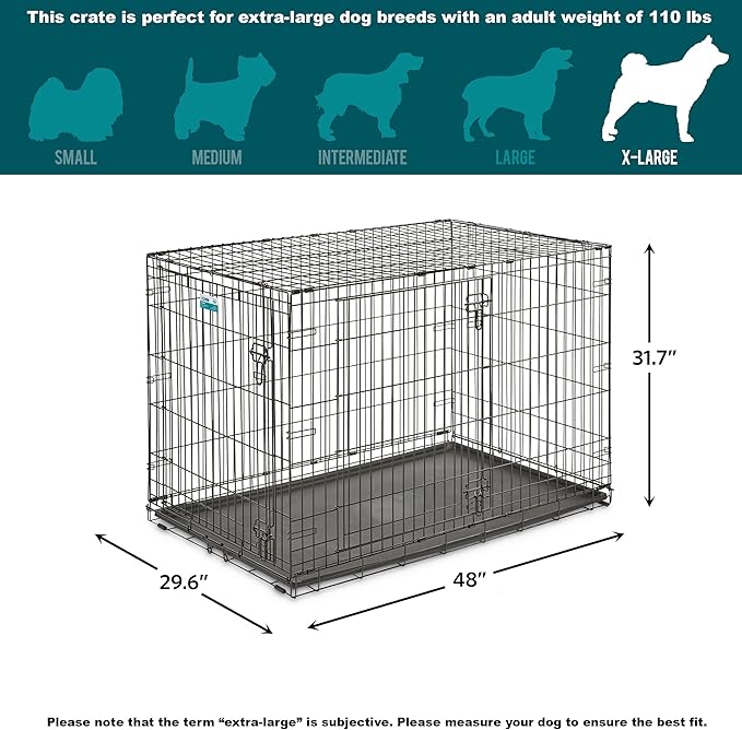 MidWest Homes for Pets 48-Inch iCrate for Extra-Large Breeds, 90-110 lbs, Double Door Folding Dog Crate with Divider Panel, Leak-Proof Tray & Secure Latches, Portable, Durable & Easy to Assemble