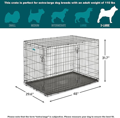 MidWest Homes for Pets 48-Inch iCrate for Extra-Large Breeds, 90-110 lbs, Double Door Folding Dog Crate with Divider Panel, Leak-Proof Tray & Secure Latches, Portable, Durable & Easy to Assemble