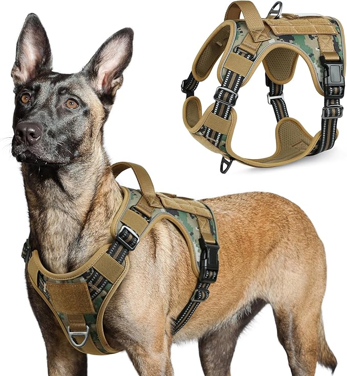 rabbitgoo Tactical Dog Harness for Large Dogs, No Pull Military Service Vest with Handle & Molle, Easy Control for Training Walking, Adjustable Reflective Straps, Brown camo, L