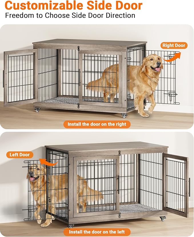 YaFiti Dog Crate Furniture with Cushion, Wooden Dog Kennel Indoor with Double Doors, Dog Cage with Wheels, Dog House Side End Table for Large Dogs up to 85 lb, 44" L, Grey