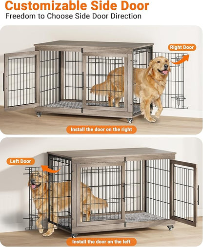 YaFiti Dog Crate Furniture with Cushion, Wooden Dog Kennel Indoor with Double Doors, Dog Cage with Wheels, Dog House Side End Table for Large Dogs up to 85 lb, 44" L, Grey