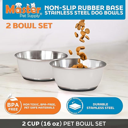 Master Pet Supply Stainless Steel Dog Bowls Set of 2 (16 Oz Each) with Non-Slip Rubber Base - Bone White - Basic Dog Food Bowl Water & Food Bowls for Small Medium Large Dogs & Cats, Metal Dish