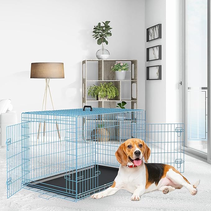 Dopinmin 48 Inch Heavy Duty Dog Crate Double Door Folding Metal Dog Cage Dog Crates for Large Dogs Outdoor Indoor Includes Divider Panel and Leak-Proof Tray,Blue