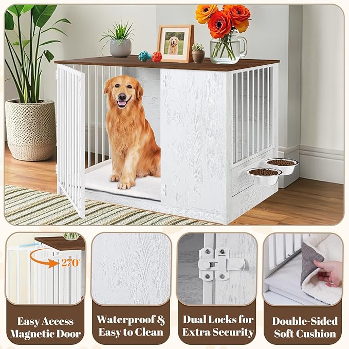 TBWIND Dog Crate Furniture for Large Dogs, 36" Indoor Wooden Dog Kennel with 270° Swivel Door & 360° Rotating Feeder, Decorative Heavy Duty Dog House with Double Locks & Bowls, White