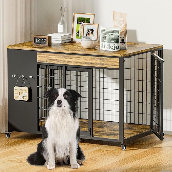38" Dog Crate Furniture - Dog Crate with DIY Frame, Sliding Door Indoor Kennel, Wooden Dog Cage End Table, for Medium/Large Breed, Rustic Brown Size L