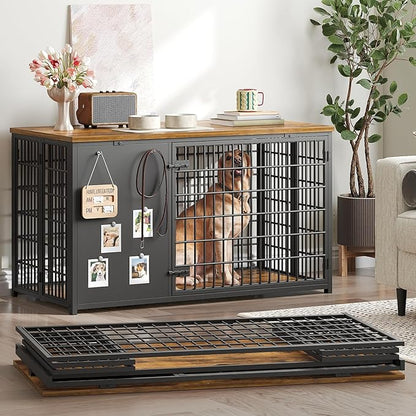 YATINEY Foldable Dog Crate Furniture, 47.2" Dog Crate with DIY Frame, Heavy Duty Dog Kennel Indoor with Hooks, Wooden Dog Cage End Table, for Small/Medium/Large Dogs, Rustic Brown DC120BR