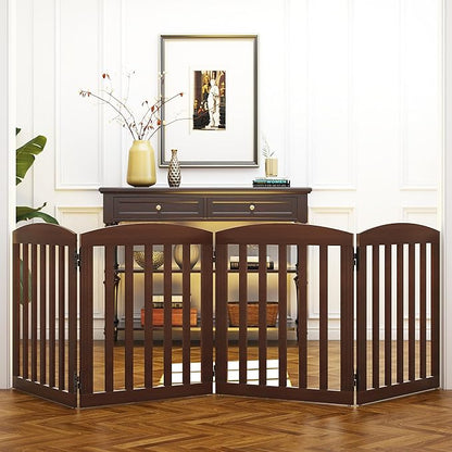 SPIRICH 96" Extra Wide 28" Tall Dog Gate Indoor, Dog Gates for Doorways, Stairs, The House, Wooden Freestanding Foldable Pet Gate, Step Over Puppy Gate, 4 Panels, Brown