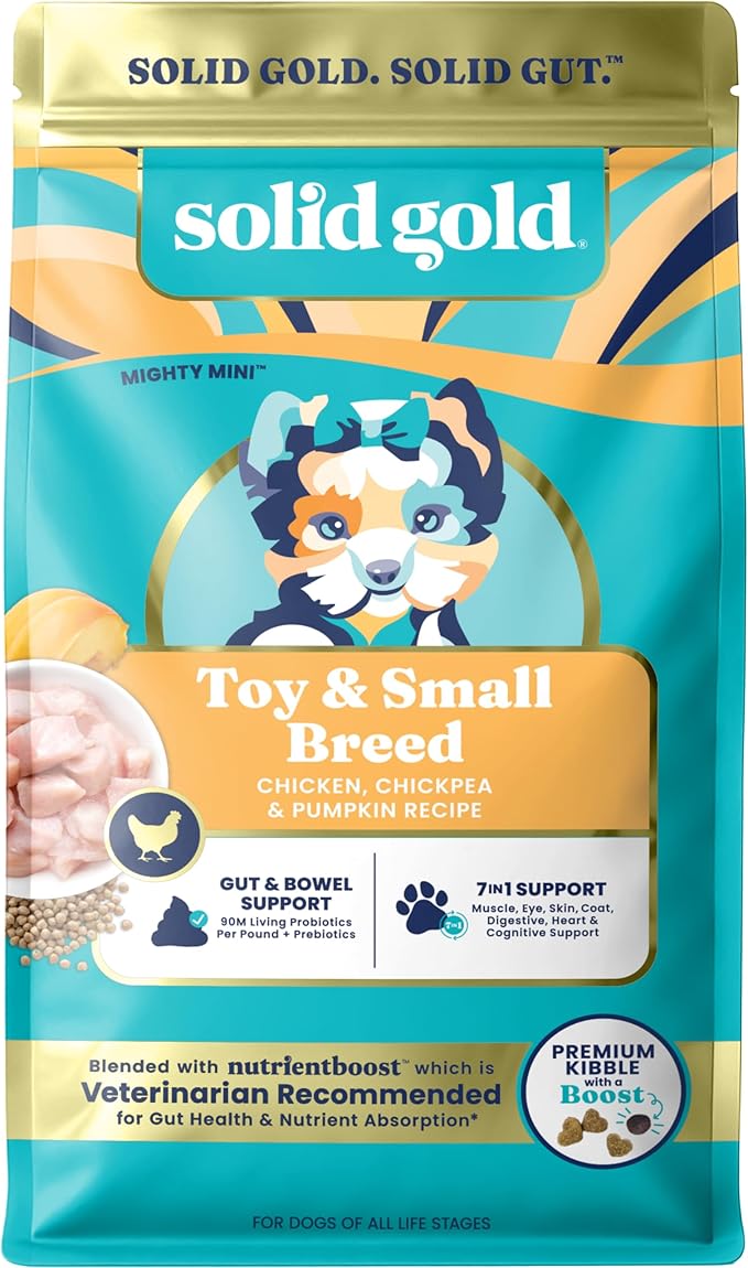 Solid Gold Toy & Small Breed Dry Dog Food Small Bites – Real Chicken, Grain Free Gluten Free, High Fiber Healthy Kibble w/Probiotics for Gut Health & Digestion Support – NutrientBoost™ – 3.75LB