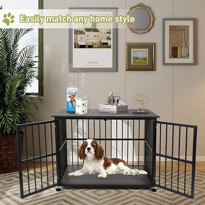 32 Inch Dog Crate Furniture, Heavy Duty Dog Kennel with Side Door, Decorative Pet House End Table, Wooden Cage Kennel Furniture Indoor, Grey