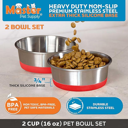 Master Pet Supply Stainless Steel Dog Bowls Set of 2 with Extra Thick Silicone Base - 2 Cup (16 oz) Crimson Red, Non-Slip, Dishwasher Safe Metal Bowls, Pet Dog Food Bowl for Dogs, Cats, Anti Rust