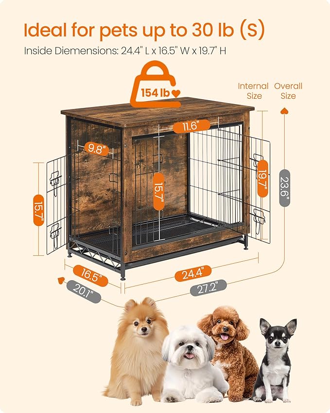 Feandrea 27.2" Dog Crate Furniture, Indoor Dog Cage Side End Table, M Pet Wood Kennel for Medium and Small Dogs up to 30 lb with Multi-Purpose Removable Tray, Double-Door Pet House, Rustic Brown