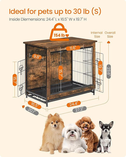 Feandrea 27.2" Dog Crate Furniture, Indoor Dog Cage Side End Table, M Pet Wood Kennel for Medium and Small Dogs up to 30 lb with Multi-Purpose Removable Tray, Double-Door Pet House, Rustic Brown
