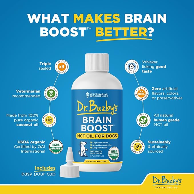 Dr. Buzby’s Brain Boost Organic MCT Oil for Dogs, 16 Oz Human Grade MCTs C8, C10, Senior Dog Dementia, Made from Pure Organic Coconut Oil, Medium Chain Triglyceride Liquid Dog Supplement