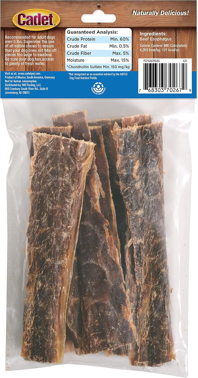 Cadet 100% Beef Strip Long Lasting Chews for Dogs, Single Ingredient Beef Esophagus Dog Treats, Natural High Protein Rawhide Alternative for Small & Large Dogs, 2.8 Ounce