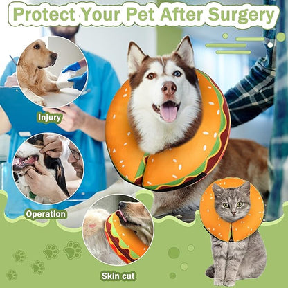 Inflatable Dog Cone Collar for Large Medium Small Dogs, Soft Adjustable Recovery Cone Collar for Dogs Cats,Dog Neck Donut Cone Alternative After Surgery(Hamburger,Small